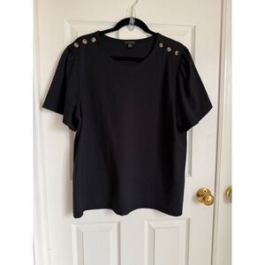 Ann Taylor Black Dressy Short Sleeve Crew Neck Top with Button Detail Size XXL
